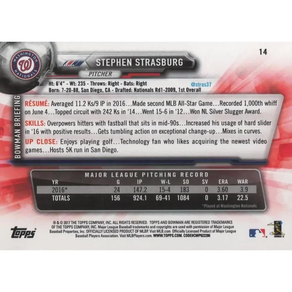 2017 Bowman Stephen Strasburg # 14 Washington Nationals